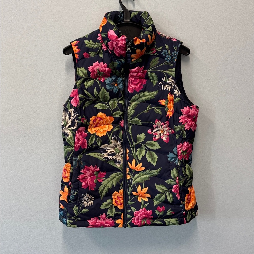 Lands' End Navy Floral Down Puffer Vest Size Small
